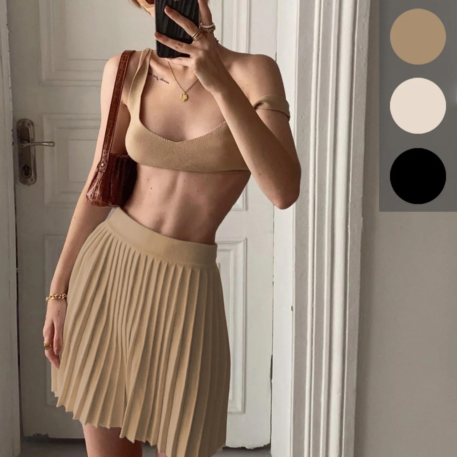 

Knitted Summer Women Sleeveless Sets Solid Color Bikini+Pleated Skirts Two Piece Outfits 2021 Streetwear Ladies Pullover Suits