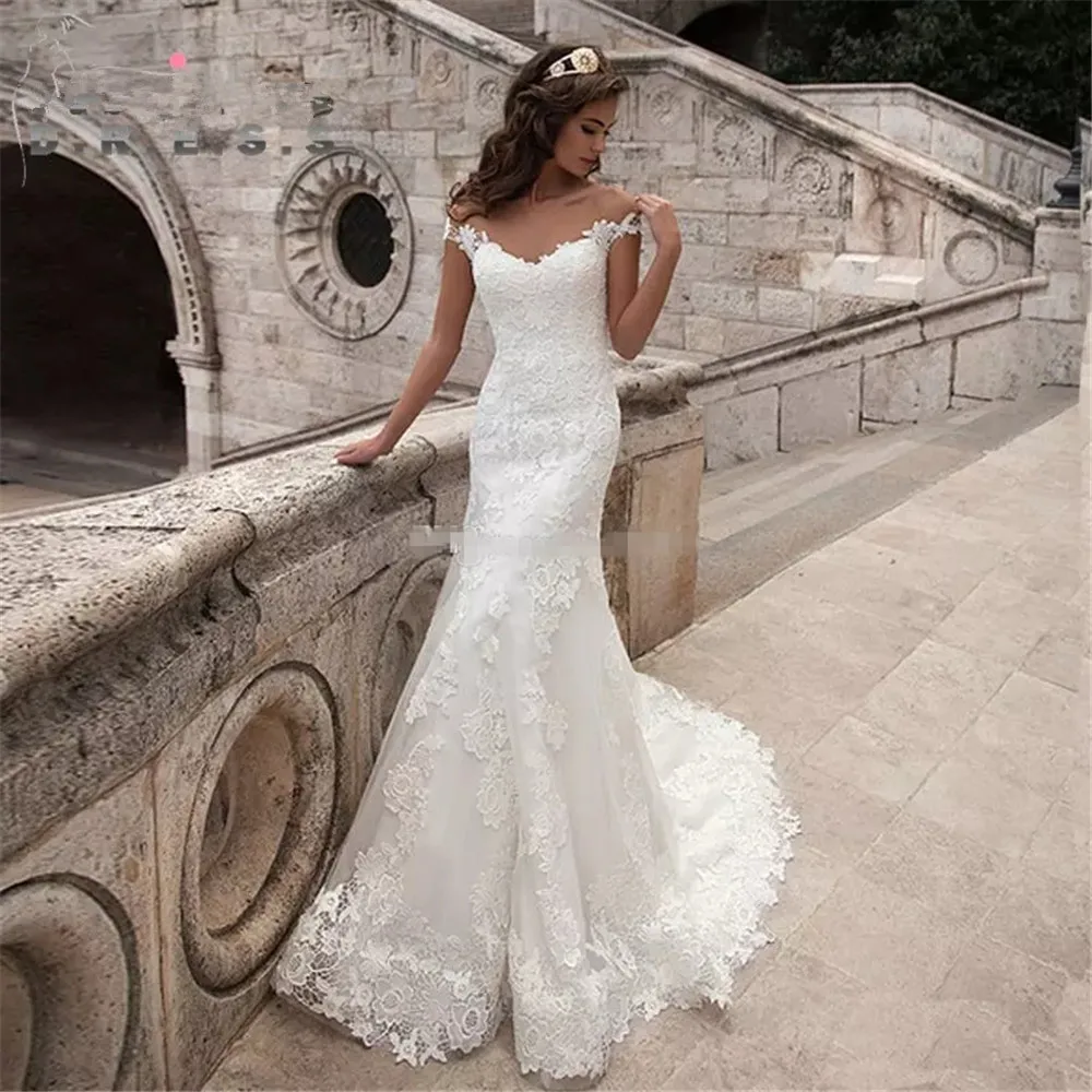 

Sexy Cap Sleeve Bridal Wedding Gown Sweep Train 2019 Vintage Mermaid Wedding Dress Full Length Bridal Gown