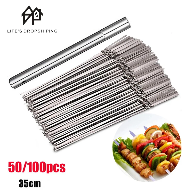 100/50 шт многоразовые плоский нержавеющая сталь барбекю шампура bbq иглой для