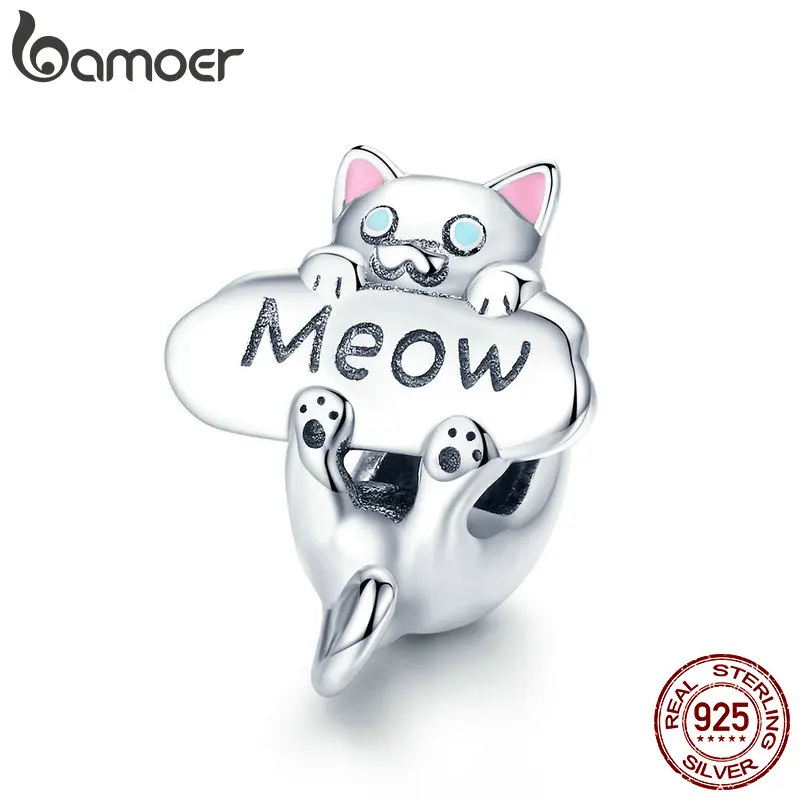 BAMOER подлинный 925 пробы Серебряный озорной бусины кошка Мяу Кошка Животное Шарм подходит браслет DIY ювелирных изделий подарок SCC874