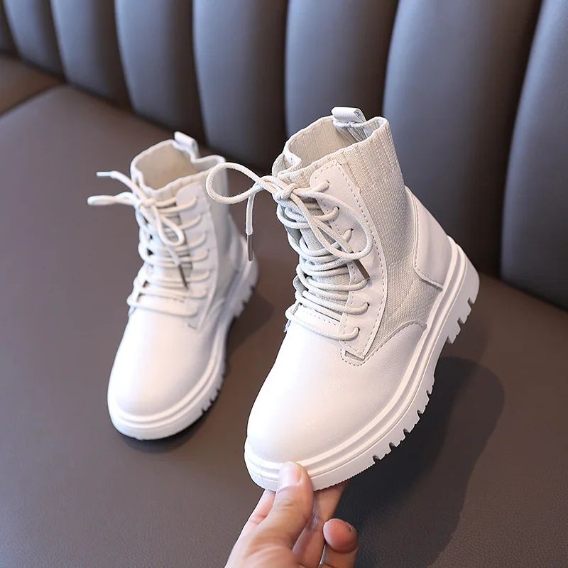 

2020 New Autumn Girls Boys Boots Leather Knit Stitching Kids Martin Boots Fashion Children's Shoes