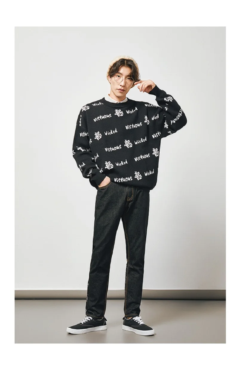 

ZOGAA Men's Hip-Hop Sweater Letter Jacquard Casual Loose Knit Pullover Autumn Winter Knitted Men's Sweater Couple Unisex Design