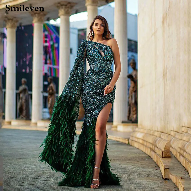 

Smileven Luxurious Sequin Crystal Evening Dress Mermaid Peacock Feather One Shoulder Prom Dress Party Gown robe de soiree