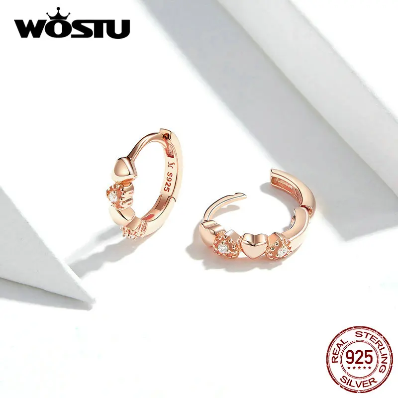 WOSTU, 925 пробы, серебряные, розовые, золотые серьги, сердце, черные, CZ, серьги-кольца для женщин, брендовые серьги, ювелирное изделие, подарок для влюбленных FIE445