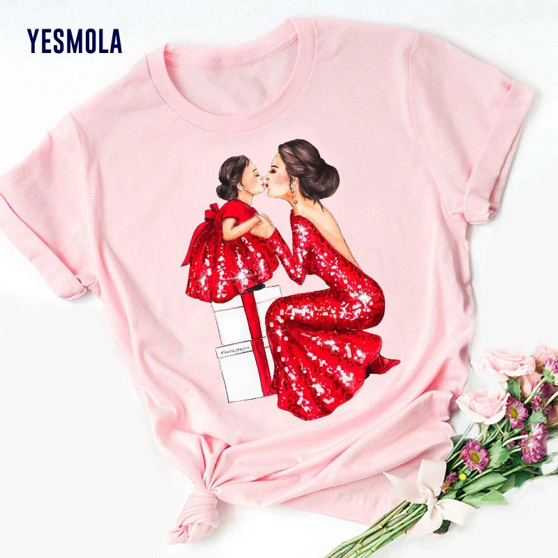 

YESMOLA Super Mama Woman T-shirts Pink Short Sleeve T-shirt Mother's Day Top Oversized Mum Vogue Streetwear Fashion Shirt
