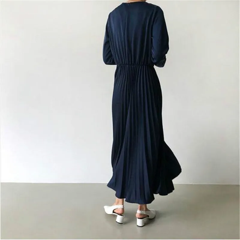 Элегантное Плиссированное длинное платье с поясом однотонное длиной до
