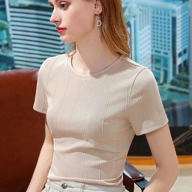 

Summer Thin Short Sleeve Knitted T-Shirt Slim Women Casual Round Neck Short Tops Korean Soft Ice Silk Knitwear Pullovers M-3XL