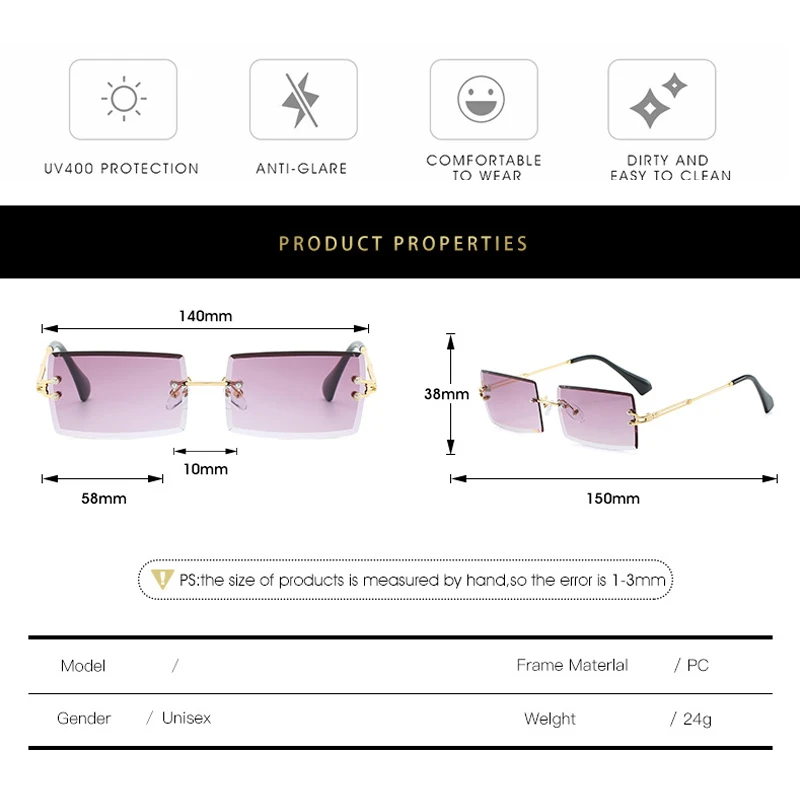 

Frameless Rectangular Sunglasses Luxury Fashion Popular Ladies Men Street Shooting Trend Design Brand Shade Alloy Glasses UV400