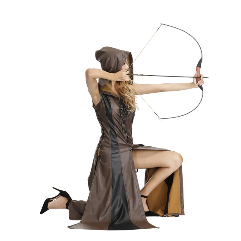 

Women Archer Cosplay Costume with Hooded Faux Leather Long Dress Sleeveless Medieval Adult Halloween Costume Warrior Suit