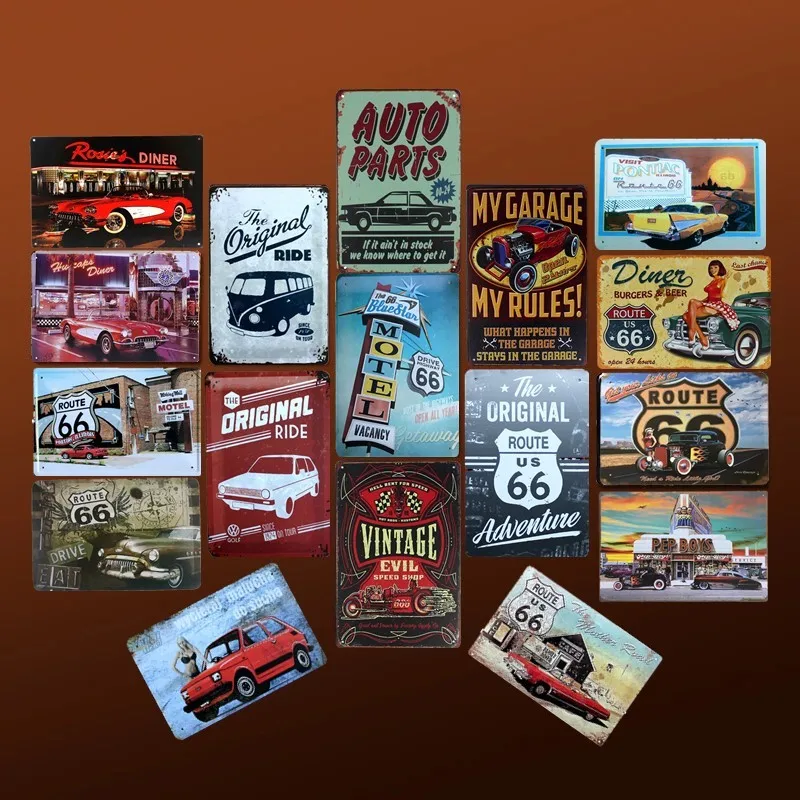 Потертый настенные металлические знаки олова дорога 66 Винтаж автомобиля Стиль