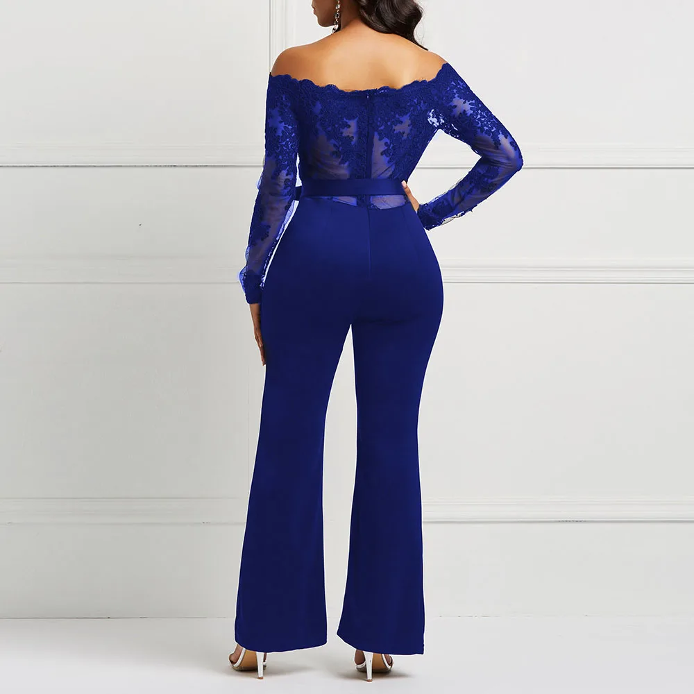 

Women Jumpsuit Luxury Lace Patchwork Mesh Transparent Off Shoulder Autumn Winter Long Sleeve Wide Legs Sexy Jumpsuit