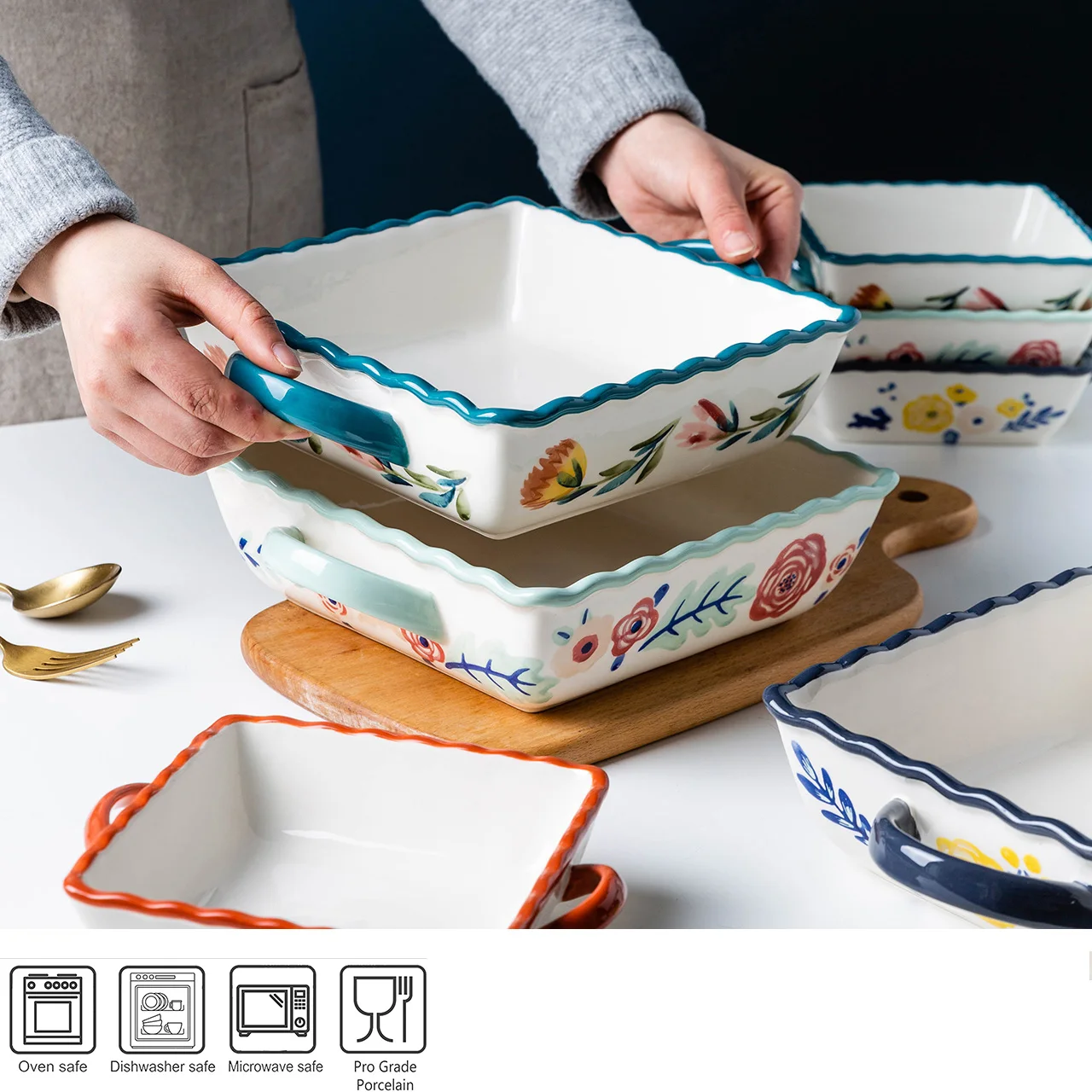 

2pc Ceramic Four Seasons Binaural Microwave Baking Pan Square Oven Cheese Tableware Baked Rice Plate Household Dinner Plate