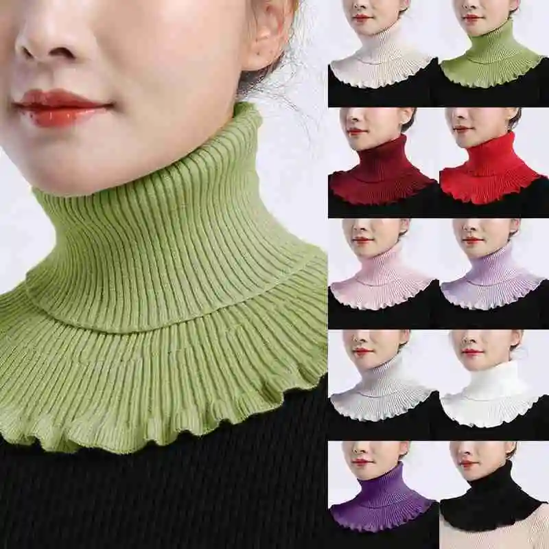 

Ladies high neck ribbed knitted fake collar winter windproof Dickey color ruffled detachable scarf wrapped 2021 new