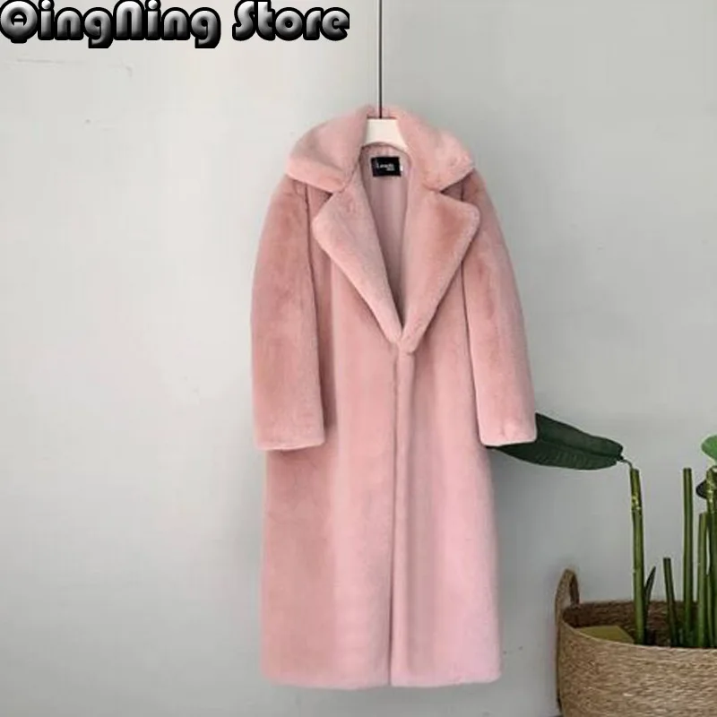 

Новинка 2021, Женское зимнее теплое пальто из искусственного меха, толстое женское длинное пальто, женское теплое пальто с отложным воротнико...