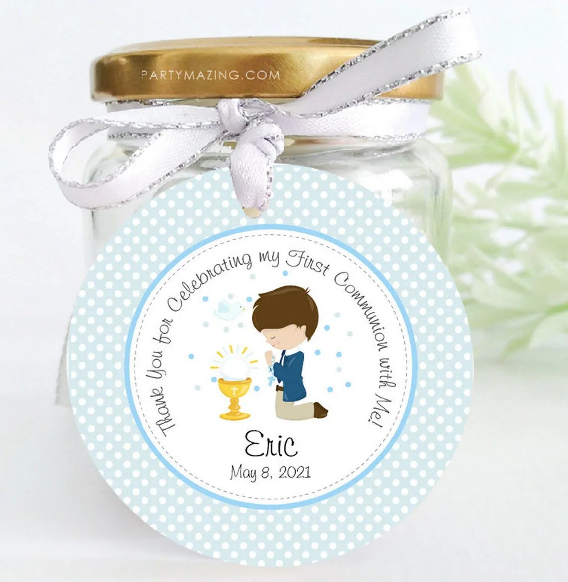 

100 Pieces, Boy Thank You First Communion Tags with Hole, Candy Favors Gift Boxes, Cupcake Tags