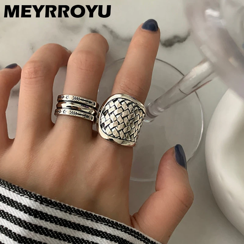 

Женское Винтажное кольцо MEYRROYU, простое плетеное кольцо в полоску из стерлингового серебра с узором в виде стрелы и звезд, широкое кольцо, Ин...