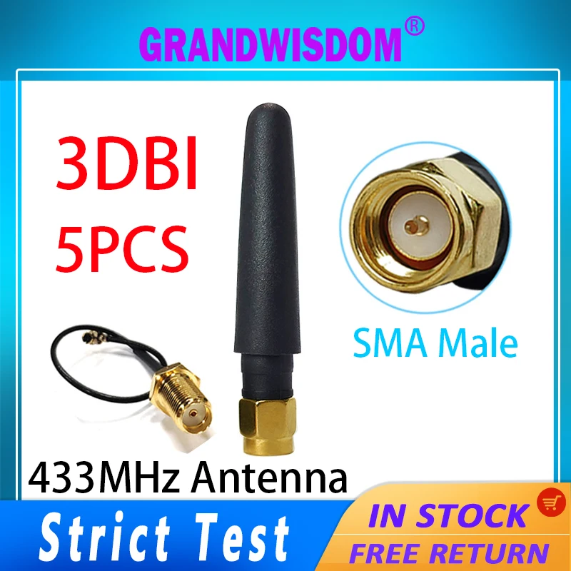 GRANDWISDOM 5 шт. 433 МГц Антенна 3dbi sma штекер lora модуль lorawan антенна ipex 1 SMA Гнездовой