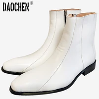luxury brand men ankle boots top zipper man shoe genuine leather mid calf chelsea boots mens dress shoes white black mens boots