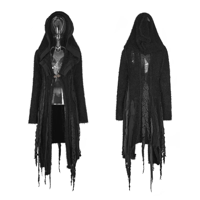 Женский Длинный тренчкот в стиле панк-рейва черное асимметричное вязаное