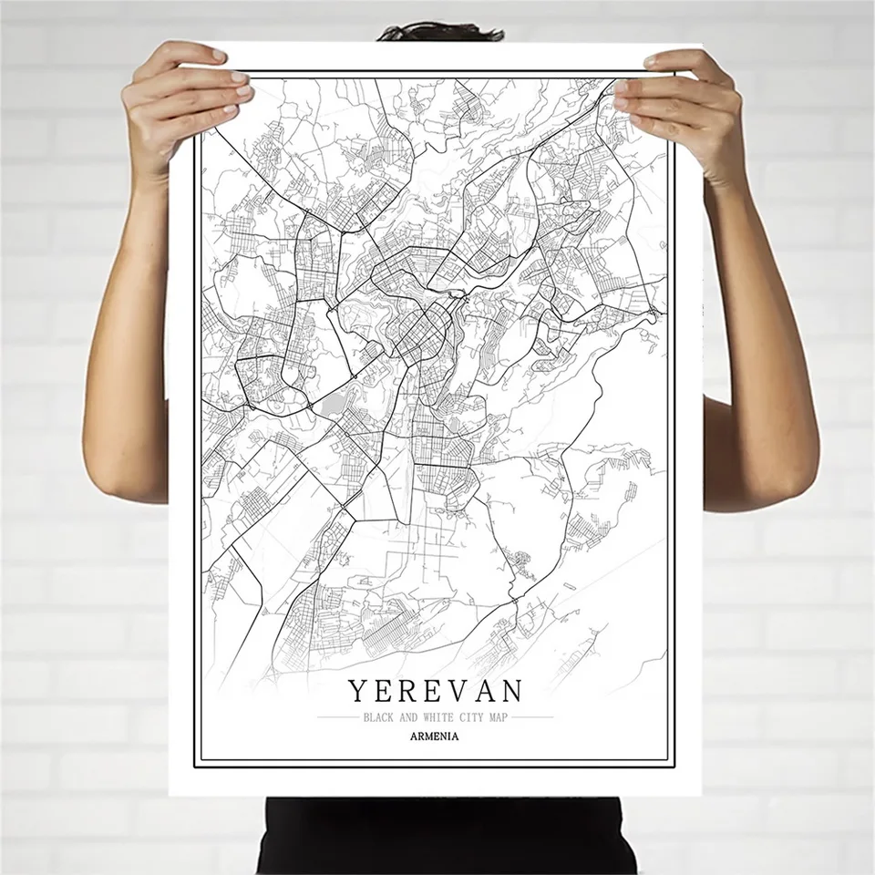 Армейский постер с черно-белой картой города скандинавский для гостиной Еревана