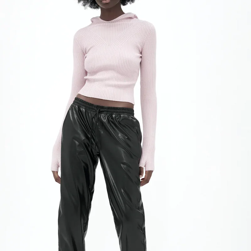 

ZXQJ Women 2021 Fashion With Thumb Fitted Knit Cropped Sweater Vintage Hooded Long Sleeve Slim Female Pullovers Chic Tops