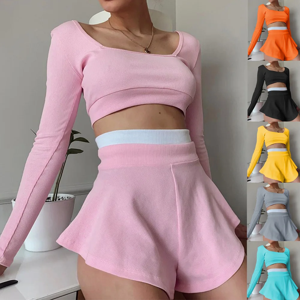 

IR-CKERT Summer New Fashion Casual Sports Women's Square Collar Long-sleeved Solid Color Blouse Sexy Ladies Culottes Suits 2021