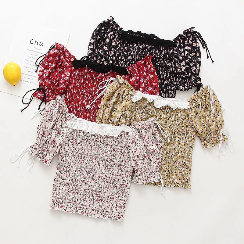 

2020 Women's Blouses Puff Sleeve Sweet Square Collar Floral Short SleeveChiffon Shirt Blouse High Waist Was Thin Short Shirt
