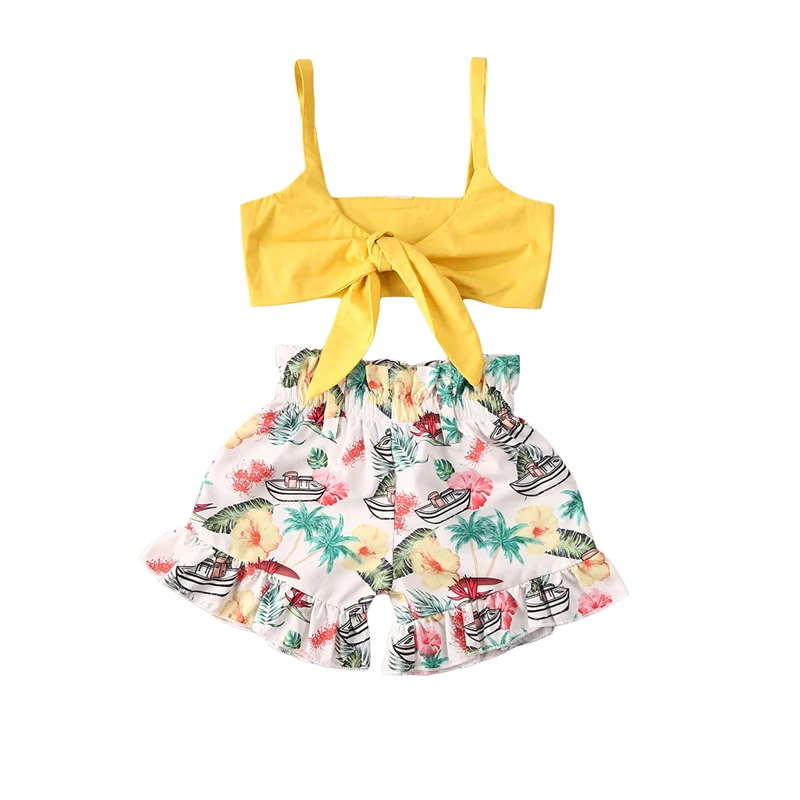Детский летний топ на тонких бретельках для девочек + короткие брюки с цветочным