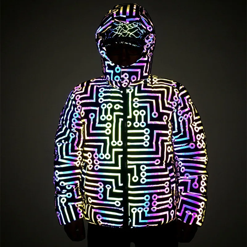

Colorful Reflective Men Winter Thick Jackets Circuit Lines Reflect Light Parkas Coats Long Sleeve Tops Clothing Manteau Homme