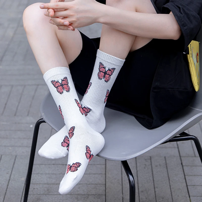 3 Pairs/Box Kawaii Cartoon Butterfly Stockings Cotton Harajuku White Print Bow Fashion Pack Gift Streetwear Men Women Long Socks