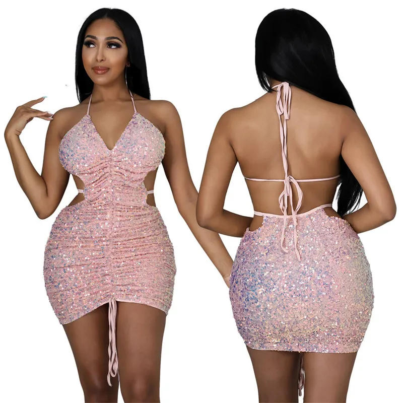 

KEXU Bodycon Women Drawstring Ruched Backless Spaghetti Strap Dress Sexy V-Neck Club Stacked Pencil Party Night Dresses