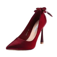 Senhora sexy vinho vermelho deslizamento em saltos stiletto elegante com laço traseiro feminino casual doce noite clube calcanhar sapatos (1)