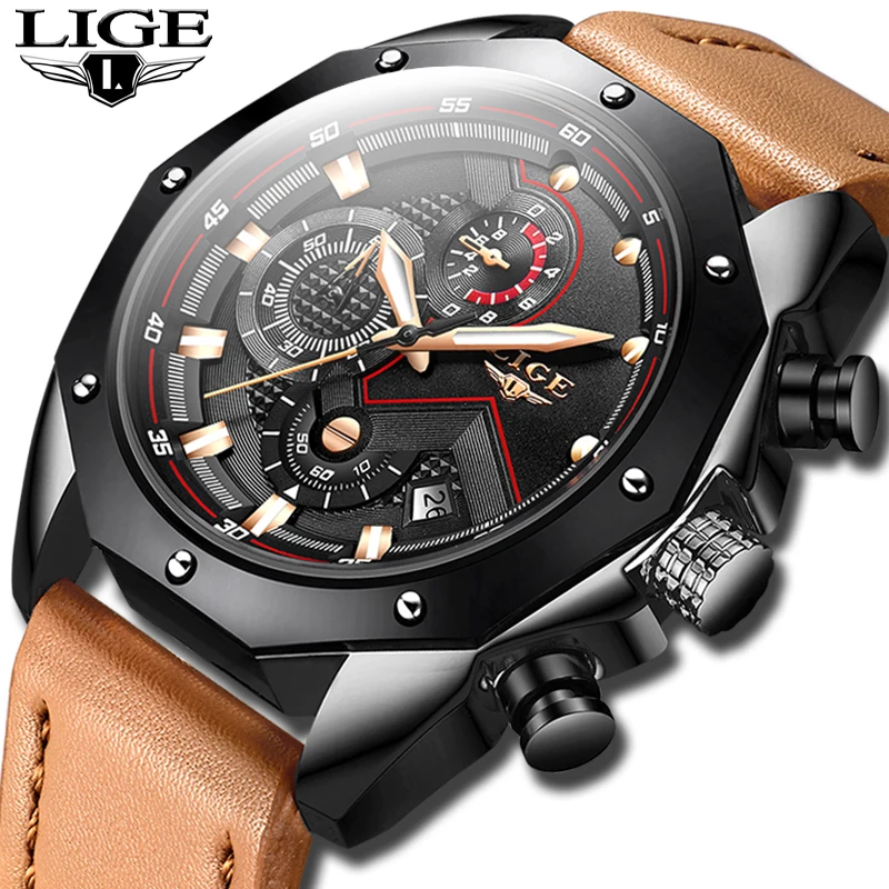 Часы LIGE Мужские кварцевые модные армейские спортивные водонепроницаемые