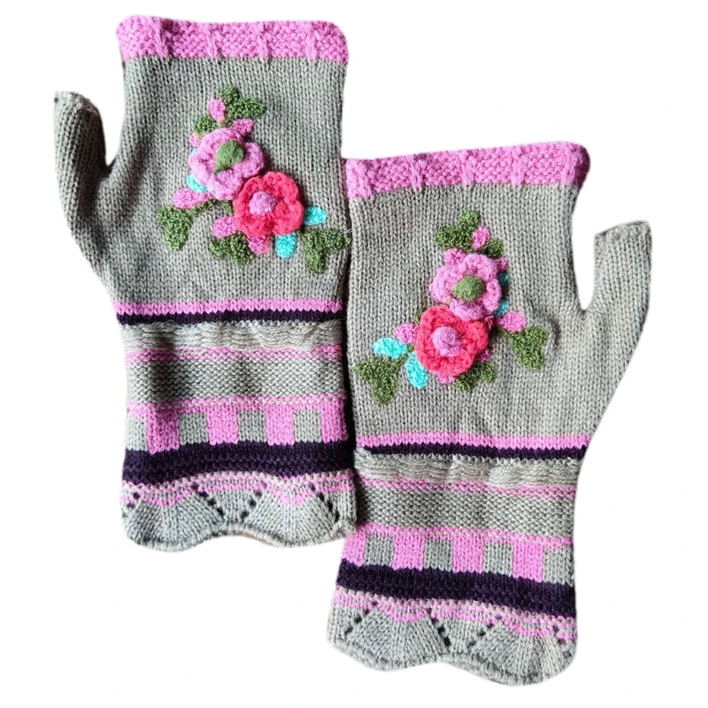 

Women Multicolor Jacquard Floral Fingerless Gloves Knitted Thumb Hole Mittens