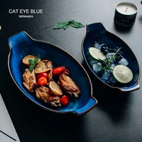 ceramic plates creative long binaural dishes japanese blue boat shaped plate fish dish baking cheese dessert bowl dish
