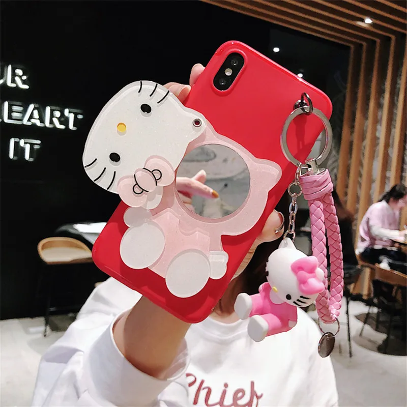 

For Samsung Galaxy A10/20/30/40/50/70/80/90 S A2/31/41/51/71 Cute Cartoon Cat Mirror Case Cover + 3D Doll lanyard holder stand