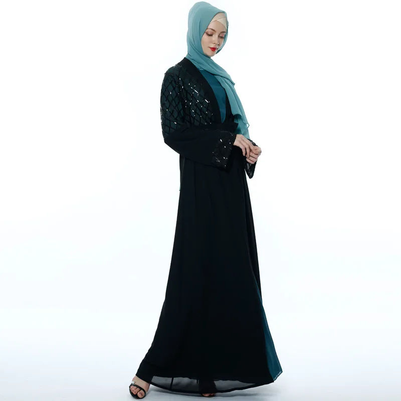 latest Dubai long-sleeved dress Muslim party Abaya ladies Arabian lace cardigan patchwork Turkish Islamic prayer gown robe