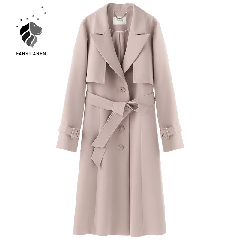

FANSILANEN Black oversized long women trench coat Elegant pink belt office lady windbreaker jacket Female fashion spring coat