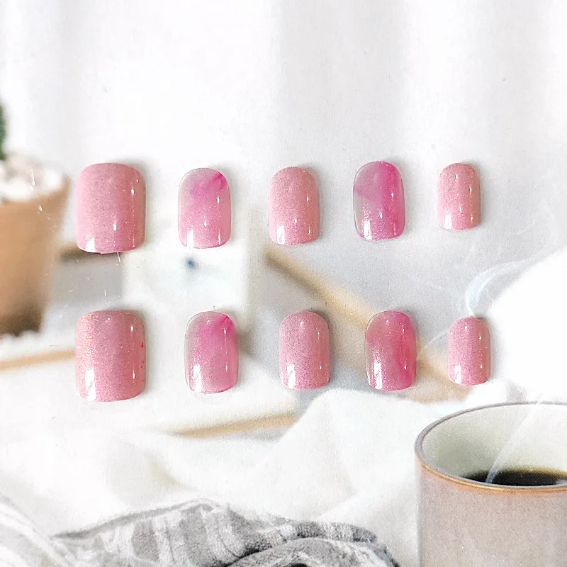 

24pcs Pink Nail Patch Square Head Glue Type Removable Short Paragraph Fashion Manicure Save Time False Nail Patch TO