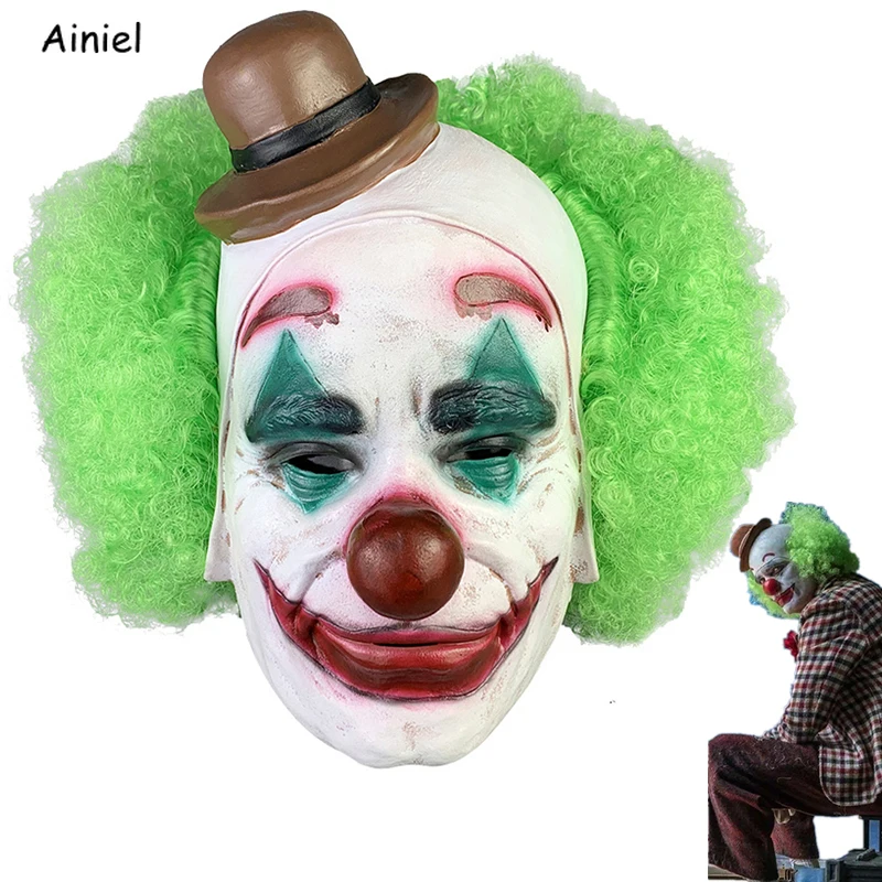 Маска пеннивайза Joaquin Phoenix Scary Clown Masks Terror из латекса для косплея с зеленой шляпой