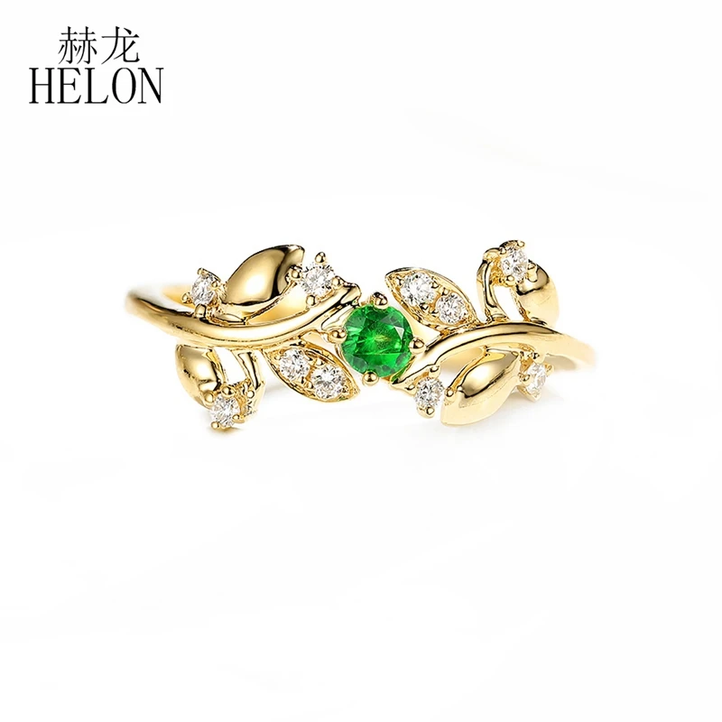 

HELON Solid 14K Yellow Gold 0.12ct Natural Emerald & 0.10ct Diamond Engagement Wedding Women Trendy Leaf style Fine Jewelry Ring