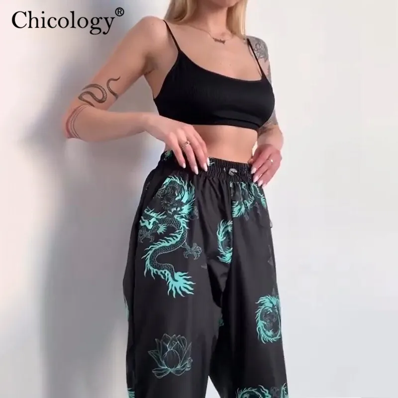 Chicology неоновый Дракон принт джоггеры Высокая талия Длинные Мешковатые брюки 2020