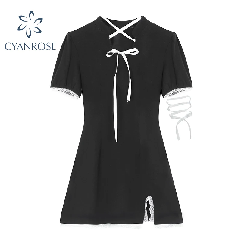 

Summer Casual Design Lace Border Black Dress Women's Elastic Lace-Up Split Cheongsam Short Dress Female 2021 Sexy Party Clothing