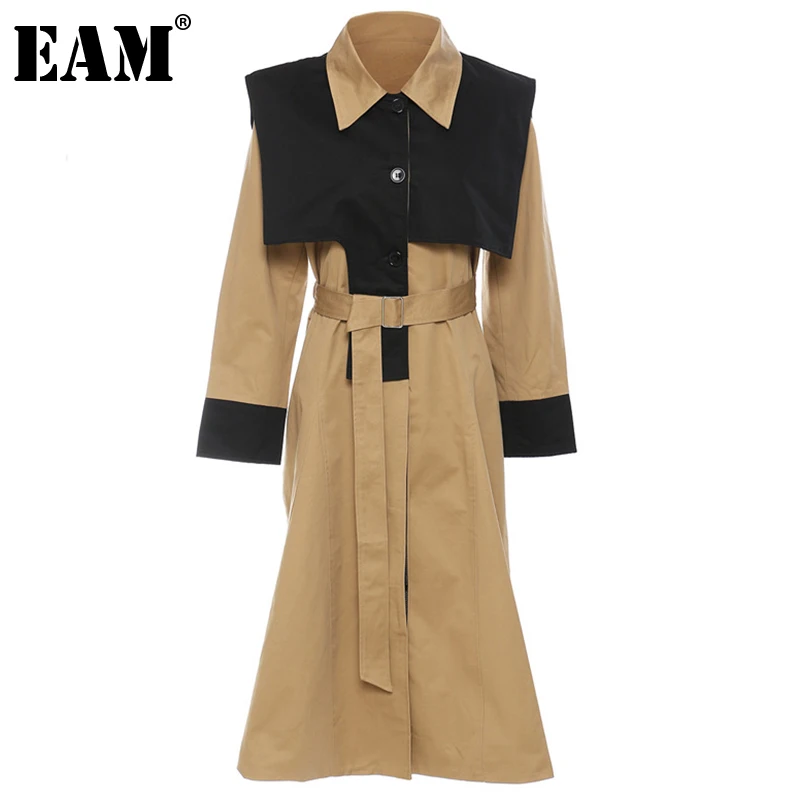 

[EAM] Women Khaki Big Size Belted Long Trench New Lapel Long Sleeve Loose Fit Windbreaker Fashion Spring Autumn 2022 1DE4230