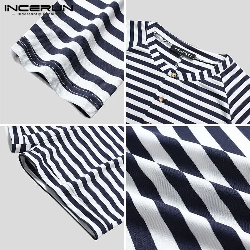 

Men Striped Pajamas Rompers Homewear Long Sleeve Button Up Leisure Jumpsuit Fitness Comfortable Mens Sleepwear Playsuit INCERUN