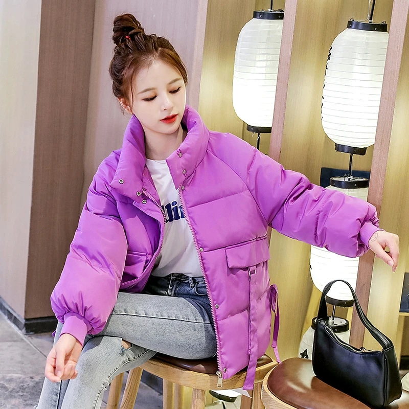 

Women Warm Coat Down Cotton Padded Winter Thickened Loose Sashes Polyester High Collar Short Parka Female Elegant Clothes Jacket