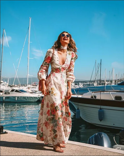 

Linglewei New Spring and Summer Women's Dress deep V long sleeve Printed Dress