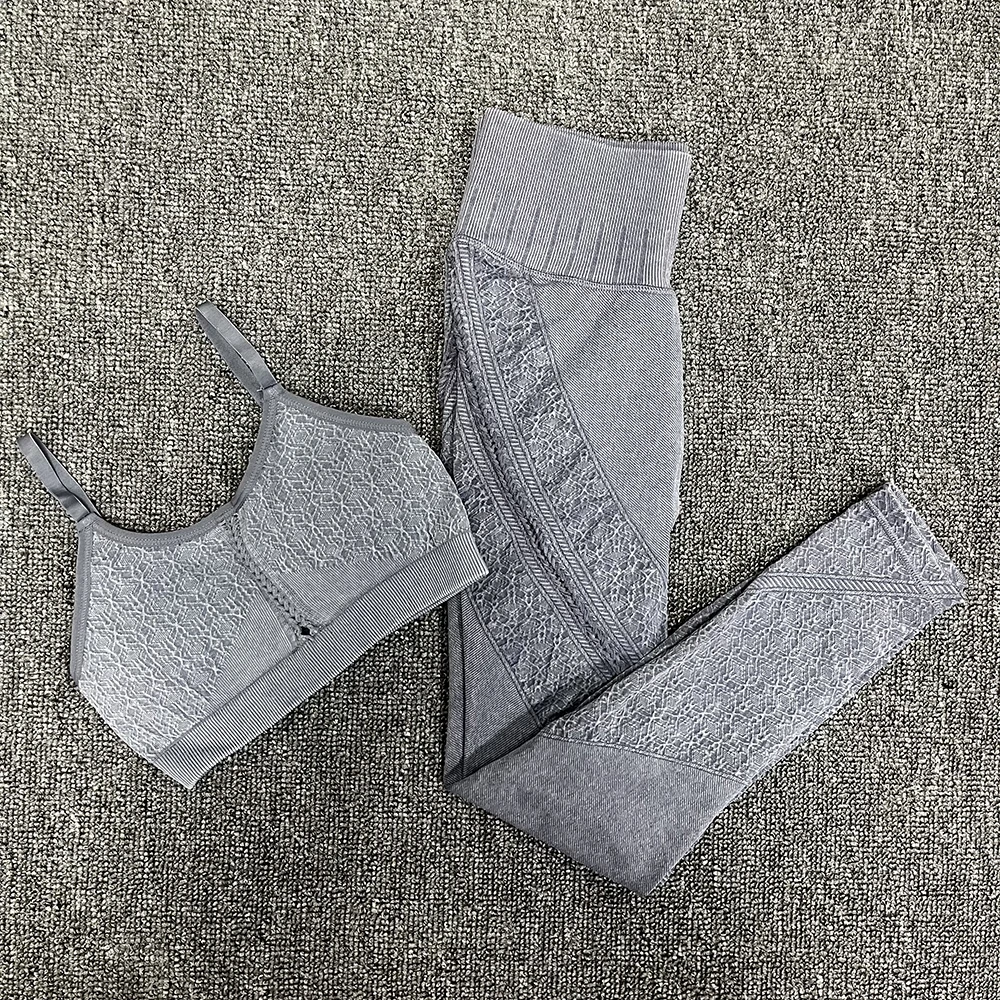 Seamless Hollow-out Gym Set Women Fitness Yoga Set Sports Suits High Waist Leggings+Push Up Bra 2 peice Set Sportswear 2021New