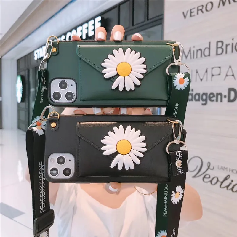 Luxury TUP+PC Daisy Phone Case For 11 6 6s 7 8 Plus 11Pro XS Max XR WIith Card Slot Strap Holder Protective Fashion Cover | Мобильные