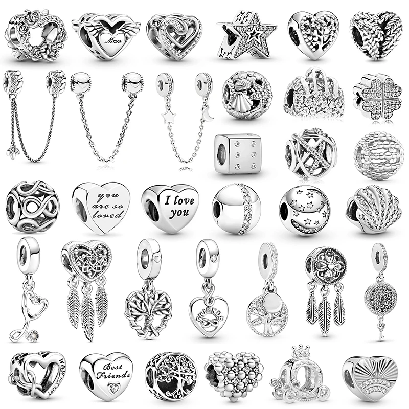 

2Pcs New Hot Sale Silver Color Feather Star Hollow Heart Star Beads Fit Original Brand Charm Bracelet For Women Wife Jewelry